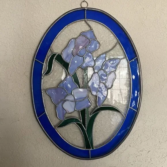 Vintage Handcrafted Large Stained Glass Suncatcher With Iris Flowers. No Cracks! - Picture 6 of 8